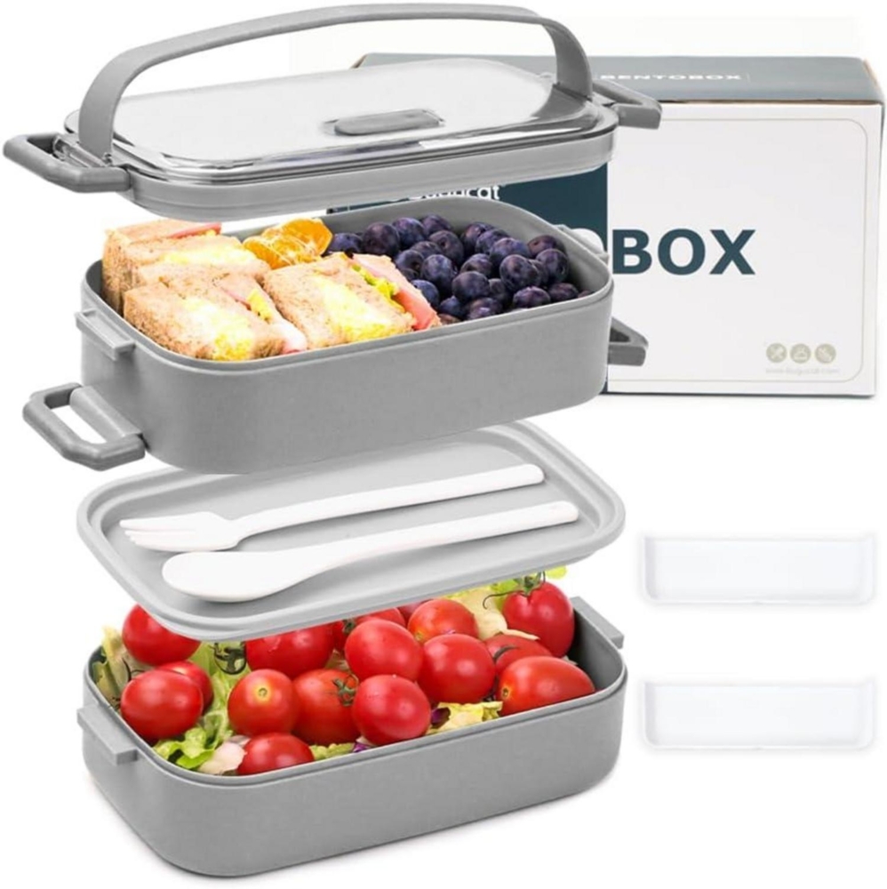 Bugucat Lunchbox 1600ML Bento Box Auslaufsicher Luftdicht Besteckset Grau Bild 1