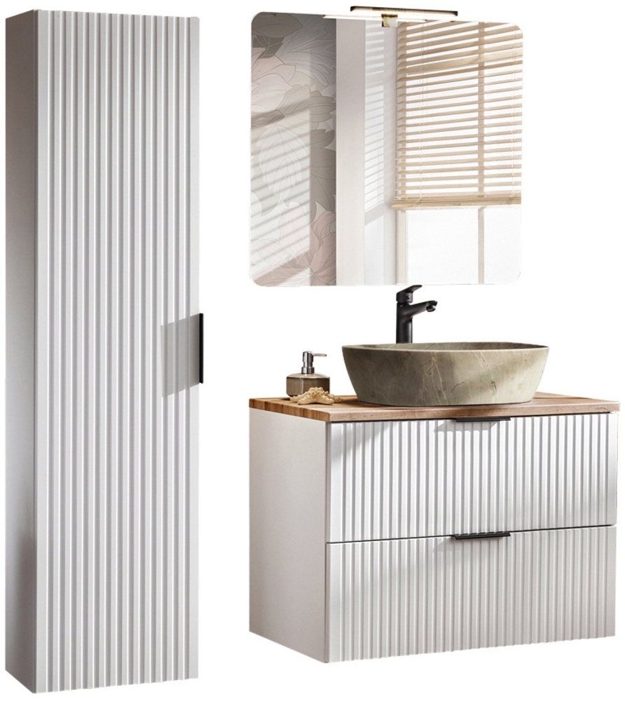 Badezimmer Badmöbel Set matt weiß Rillenoptik ADELAIDE-56-WHITE Spiegel & Waschtisch mit Keramikbecken, Hochschrank Bild 1
