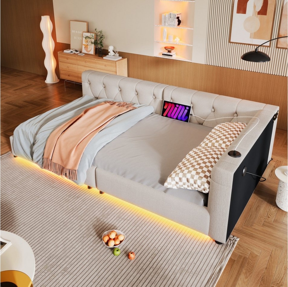 Ulife Schlafsofa Daybett, Tagesbett, Polsterbett, Jugendbett mit LED-Beleuchtung, Kopfteil mit Knopftuft, Usb+Typ-c, 90x200cm Bild 1
