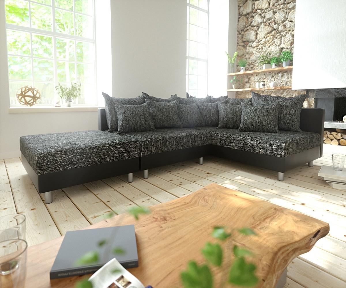 Ecksofa Clovis Schwarz mit Hocker Ottomane Rechts Modular Bild 1