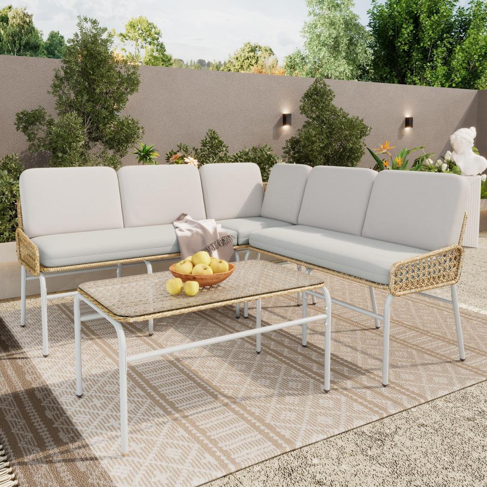 Merax Freizeit-Sofagarnitur aus PE-Rattan, 4–5 Personen, Freizeit-Gartenmöbel, Ecksofa, Sofagarnitur Loungetisch mit Glasplatte, Aprikosengrau Bild 1