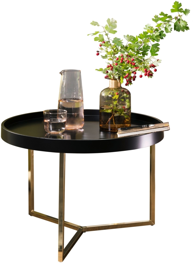 Couchtisch JESI 58,5 x 42 x 58,5 cm Schwarz / Gold Sofatisch Metall Rund, Designer Retro Wohnzimmertisch modern, Kleiner Loungetisch mit Metallgestell, Runder Tabletttisch mit Holz-Platte Bild 1