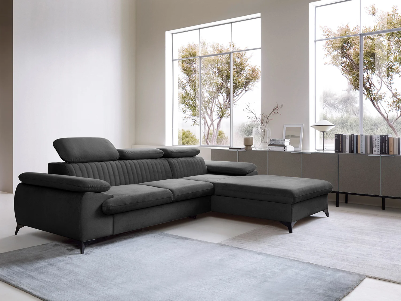 Vente-unique - Ecksofa mit Schlaffunktion - Ecke rechts - Samt - Anthrazitgrau - SAMARA von PASCAL MORABITO Bild 1