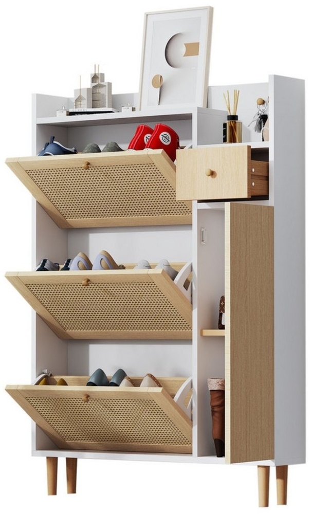 Tongtong Schuhschrank 3 Kipp-Türen und 1 Schublade – mit Massivholzbeinen und Griffen mit Massivholzbeinen und Griffen, 90x17x125cm, Weiß Bild 1