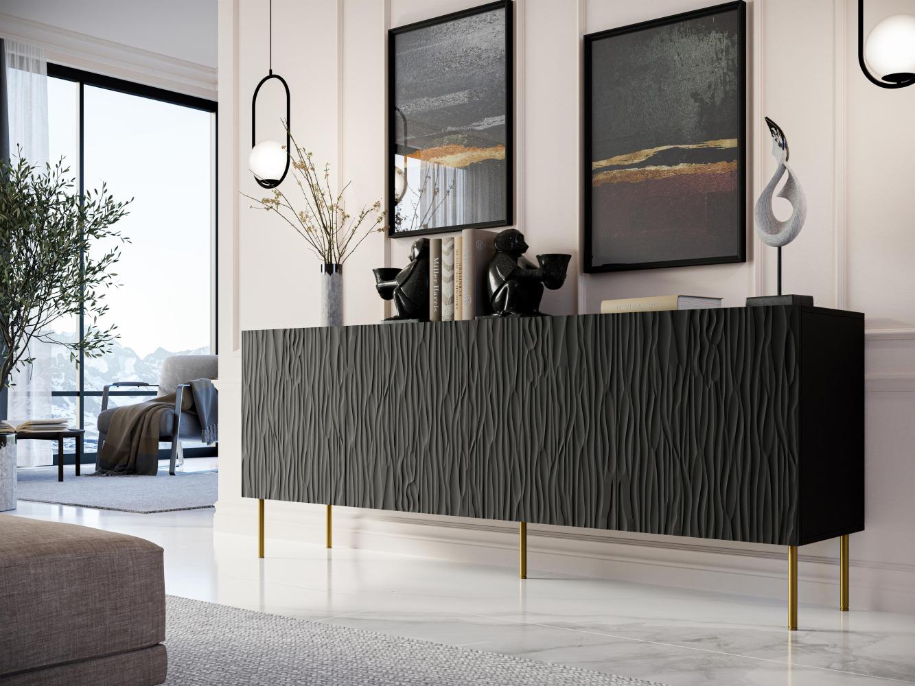 Domando Sideboard Forli M2 Modern Breite 190cm, aufwändig gefräste Fronten, hohe Füße in Schwarz Matt Bild 1