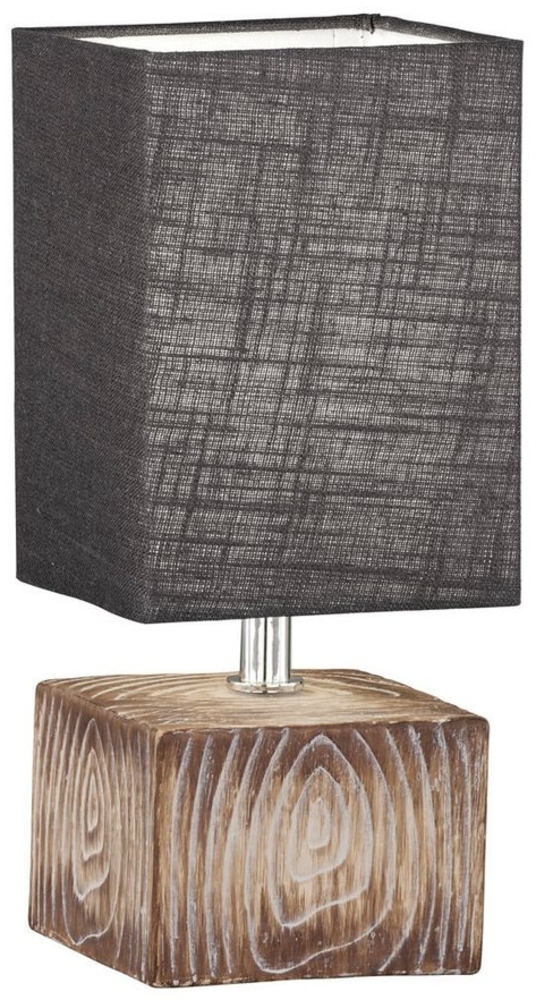 LED Tischlampe mit Keramikfuß Holzoptik & Leinenschirm Grau, 30cm klein Bild 1