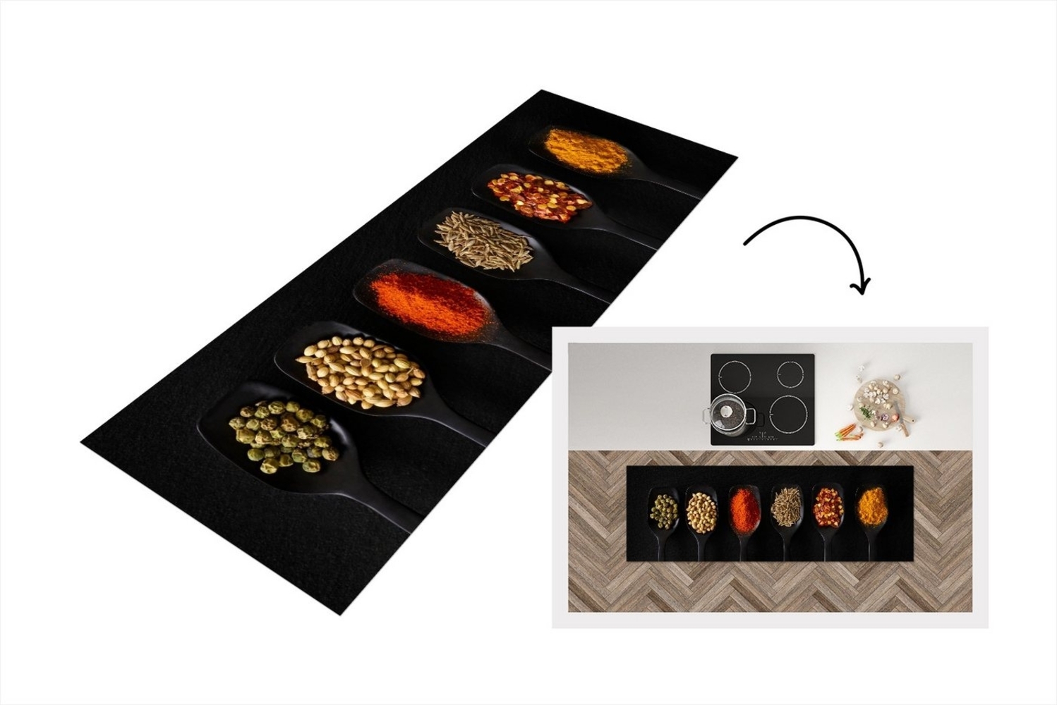 MuchoWow Küchenläufer Löffel - Gewürze - Schwarz - Gewürze - Rustikal, Rechteckig, Küchenteppich, Läufer für Küche, Rutschfest, Küchendeko, 150x50 cm Bild 1