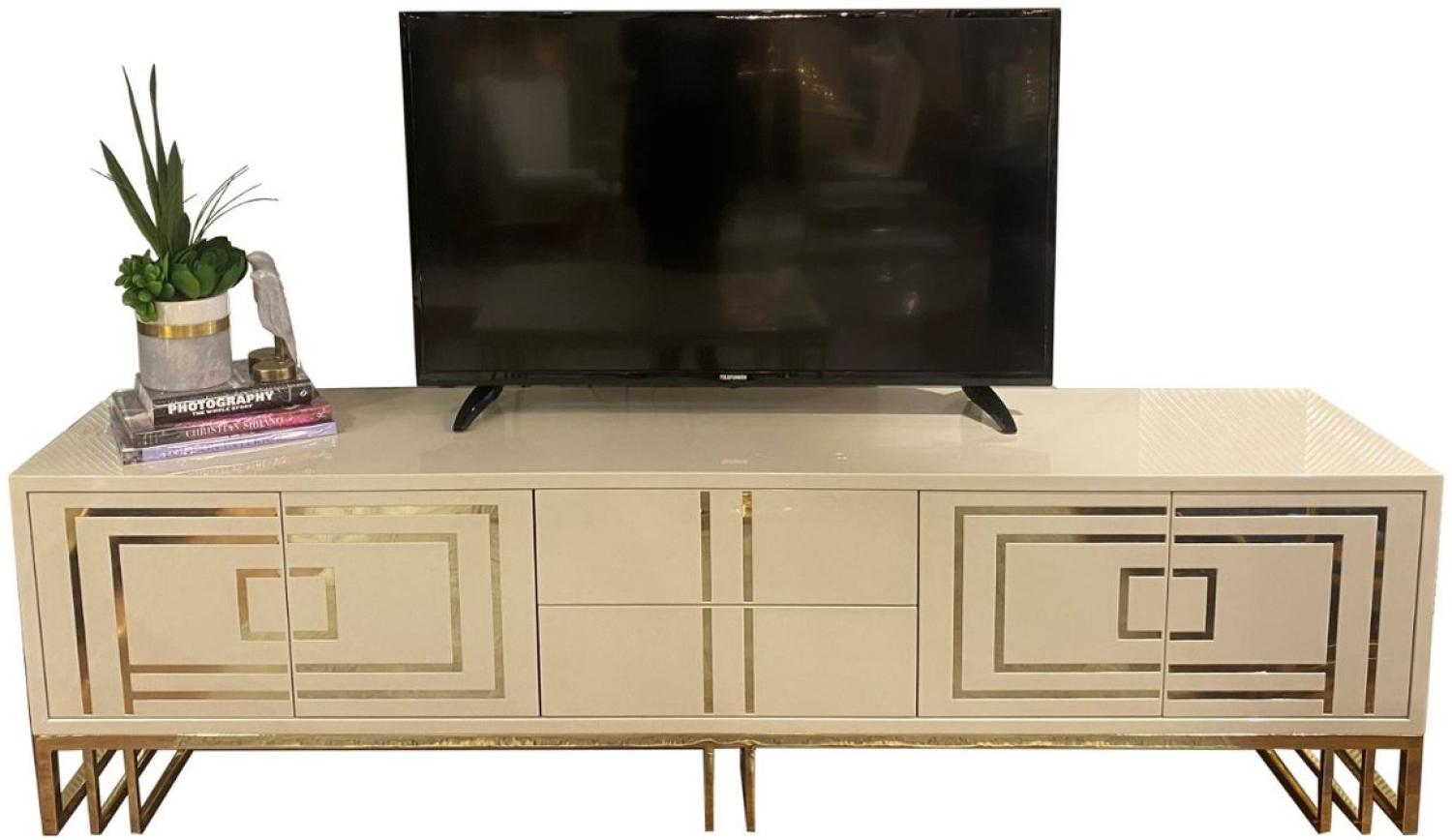 Casa Padrino Luxus TV Schrank Creme / Gold 220 x 45 x H. 60 cm - Edler Fernsehschrank mit 4 Türen und 2 Schubladen - Luxus Wohnzimmer Möbel Bild 1