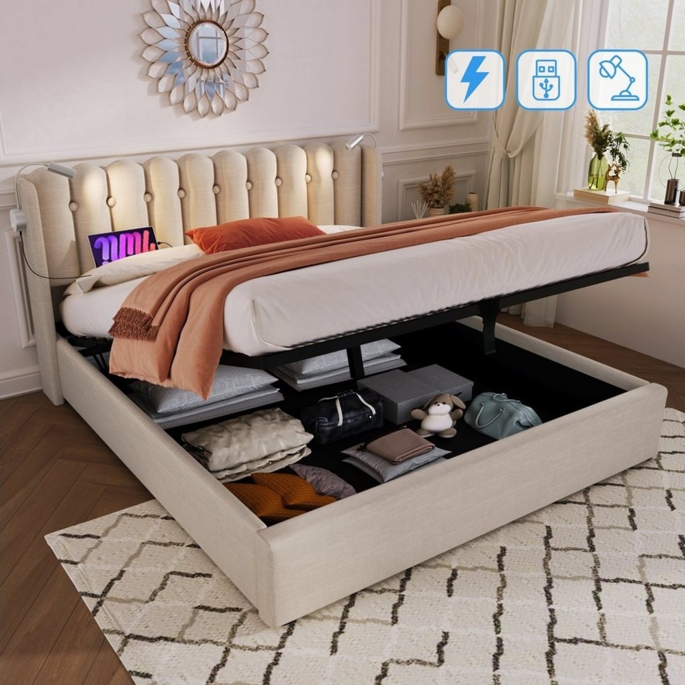 BlingBin Einzelbett Polsterbett (1-tlg, Ladefunktion und Bettkasten, mit Leselicht 140 ×200CM), 2 USB-Ladeanschlüsse,mit lattenrost,Ohne Matratze,Leinen Bild 1