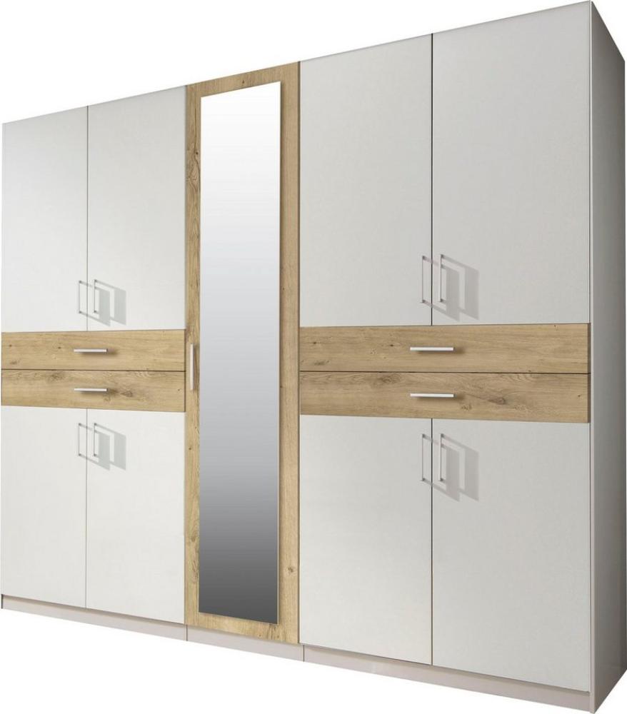 Kleiderschrank 'TAIGA' Schrank in Weiß und Plankeiche mit Spiegel 225 cm Bild 1