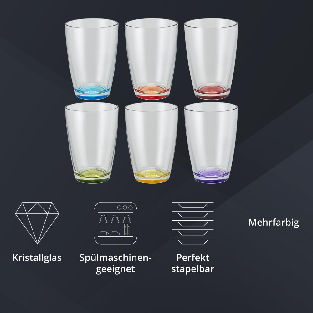 Peill+Putzler Germany 6er Set Longdrinkgläser mit buntem Boden, 410 ml Volumen, mehrfarbige Trinkgläser, Wassergläser in 6 Farben, Coctailgläser, spühlmaschinengeeignet & pflegeleicht Bild 1