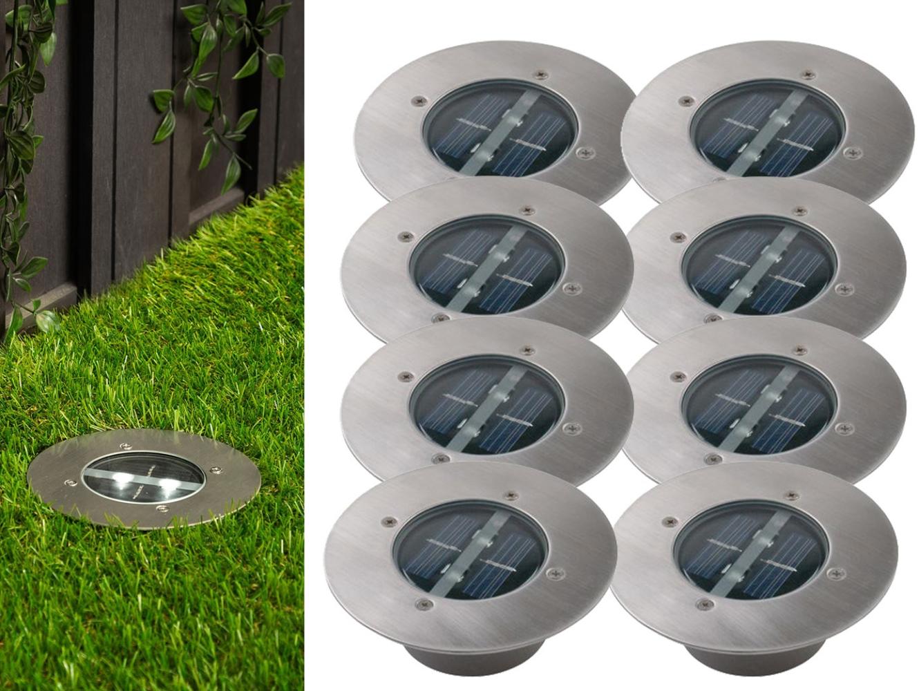 Solar LED Bodeneinbaustrahler 8er SET für Außen, Edelstahl rund Ø14cm IP67 Bild 1