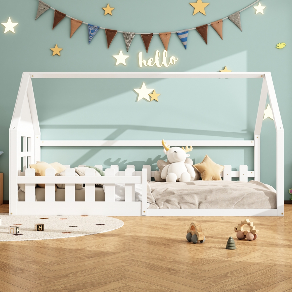 Bett 90x200 cm in Hausform aus Kiefer/MDF – weißes Kinderbett mit kreativem Design Bild 1