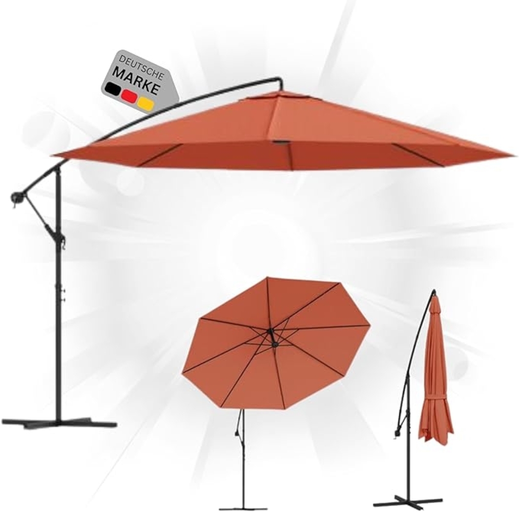 DELUKE® Sonnenschirm rund MARC 350cm Terrakotta UV-Schutz, Kurbelsystem Ampelschirm rund Freiarm Sonnenschirm 350 cm Kurbelschirm Standschirm Sonnenschutz Gartenschirm Balkonschirm klassisch Bild 1