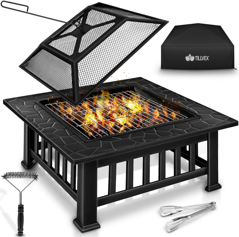 tillvex Feuerschale mit Funkenschutz & Grillrost | Feuerstelle Outdoor für den Garten | 3 in 1 BBQ Grill mit Abdeckung, Schürhaken, Zange & Kohlerost Bild 1