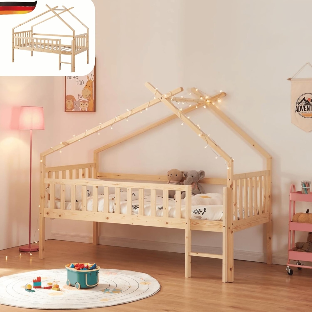 DELUKE® Kinderbett 90x200 SIUN - mit Lattenrost Rausfallschutz Haus-Optik Kiefernholz Einzelbett aus Holz Hausbett Kinderzimmer Montessori Bett Braun Bild 1