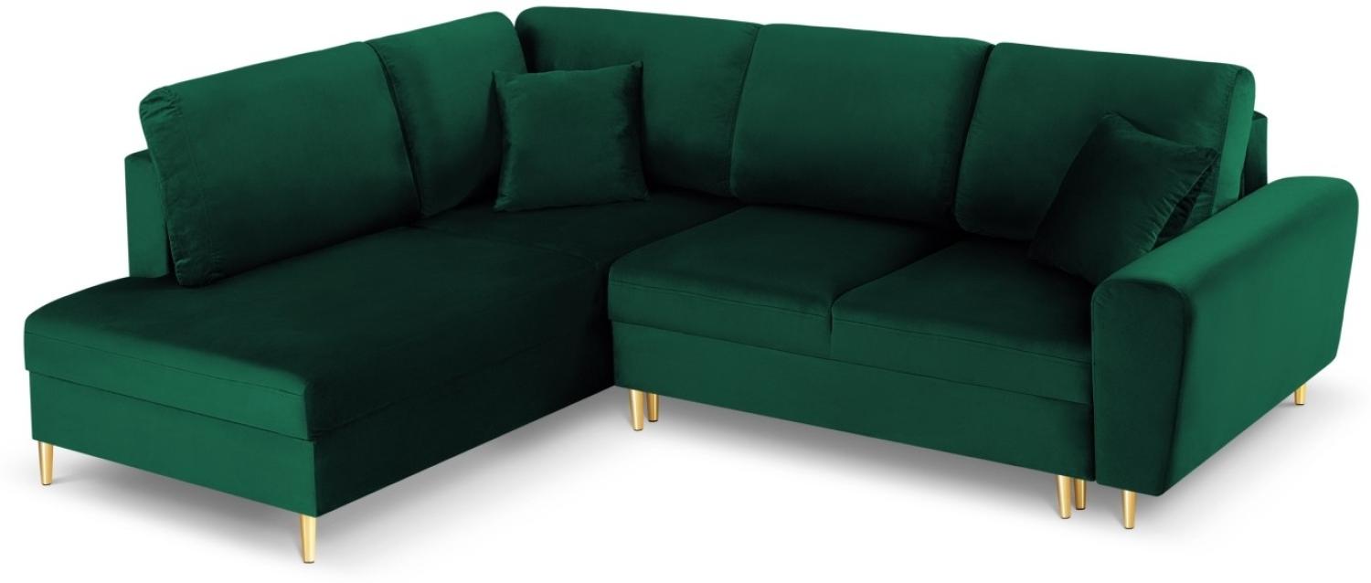 Micadoni 5-Sitzer Samtstoff Ecke links Sofa mit Bettfunktion und Box Moghan | Bezug Bottle Green | Beinfarbe Gold Metal Bild 1