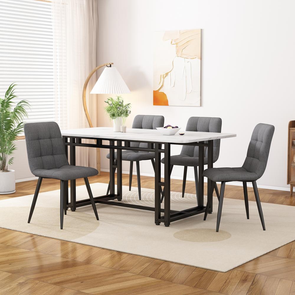 Merax 120cm Esstisch mit 4 Stühlen Set Esszimmer Sitzgruppe, Metallbeine,Essgruppe, (5-tlg), Leinen, grau Bild 1