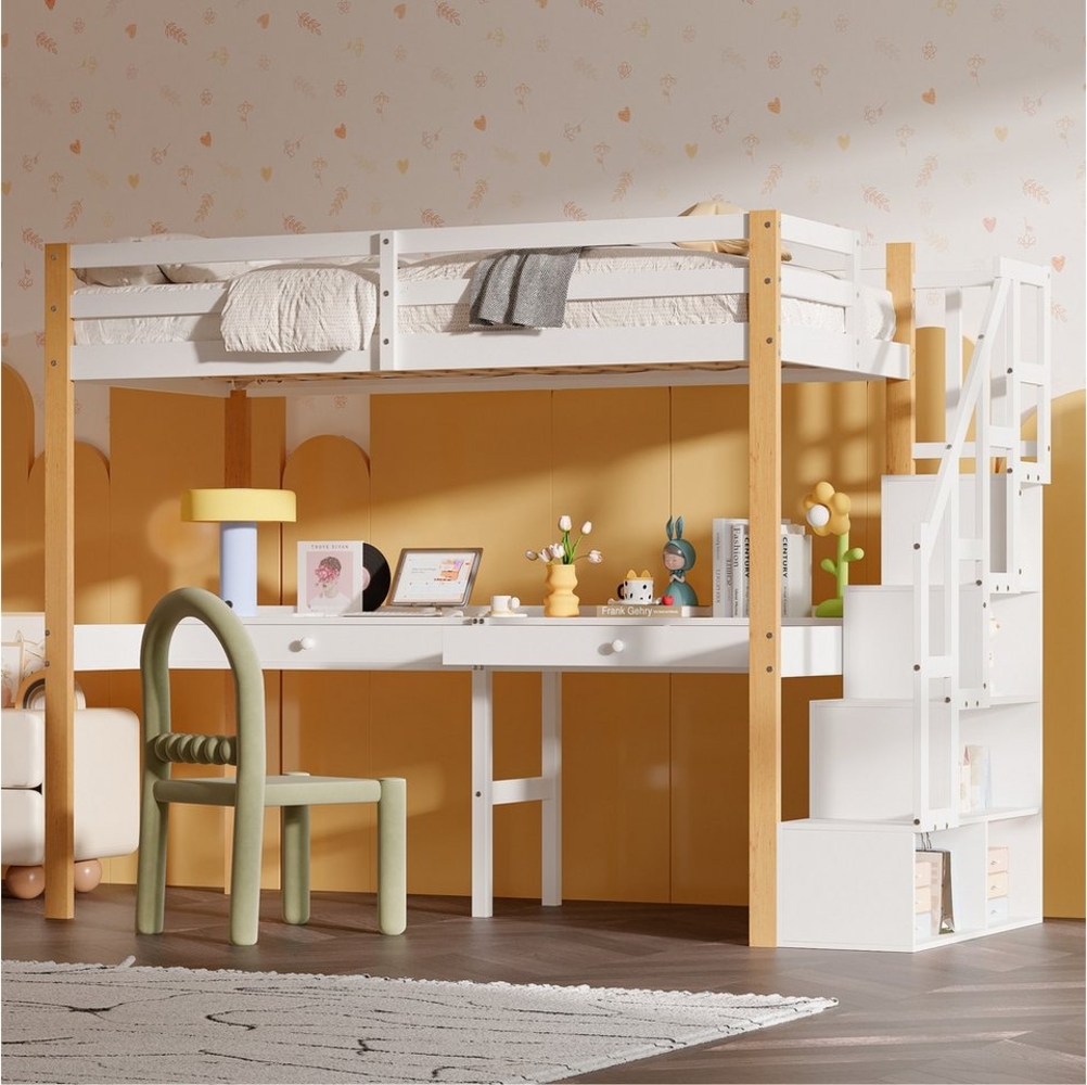 FUROKOY Hochbett Kinderbett Jugendbett mit Schreibtisch und Regale 90x200cm Etagenbett, Massivholz Bettgestell, Weiß Bild 1