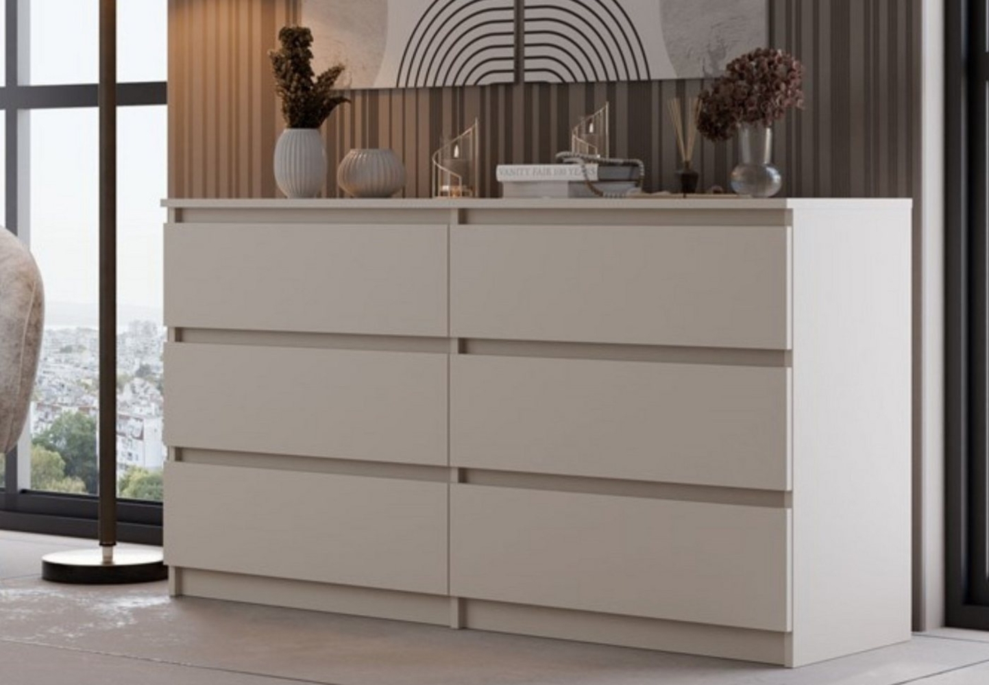 Home Collective Kommode Highboard Sideboard für Flur Schlafzimmer Wohnzimmer (Perfekt für Wohnzimmer, Schlafzimmer oder Esszimmer), mit 6 Schubladen, Breite 140 cm Höhe 75, Beige Bild 1