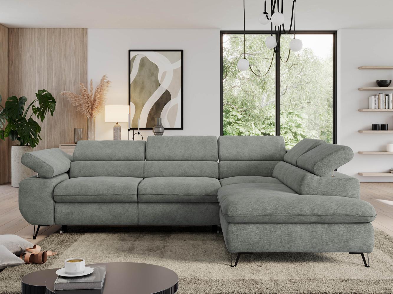 Ecksofa mit Bettfunktion, Modern Sofa, L-form, Einstellbare Kopfstützen, Bettkasten, PEDRO, 1x Ecksofa, Grau, Stoff, rechts Bild 1