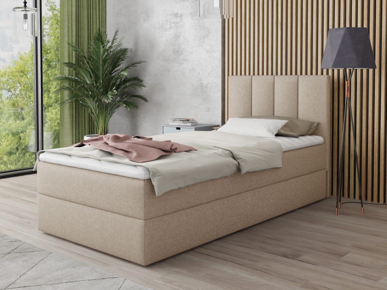 Boxspringbett Star Mini mit Bettkasten, Bonell-Matratze und Topper - Einzelbett mit Matratzentopper, Polsterbett, Bett, Schlafzimmer, Jugendzimmer (Beige (Inari 22), 100x200 cm) Bild 1