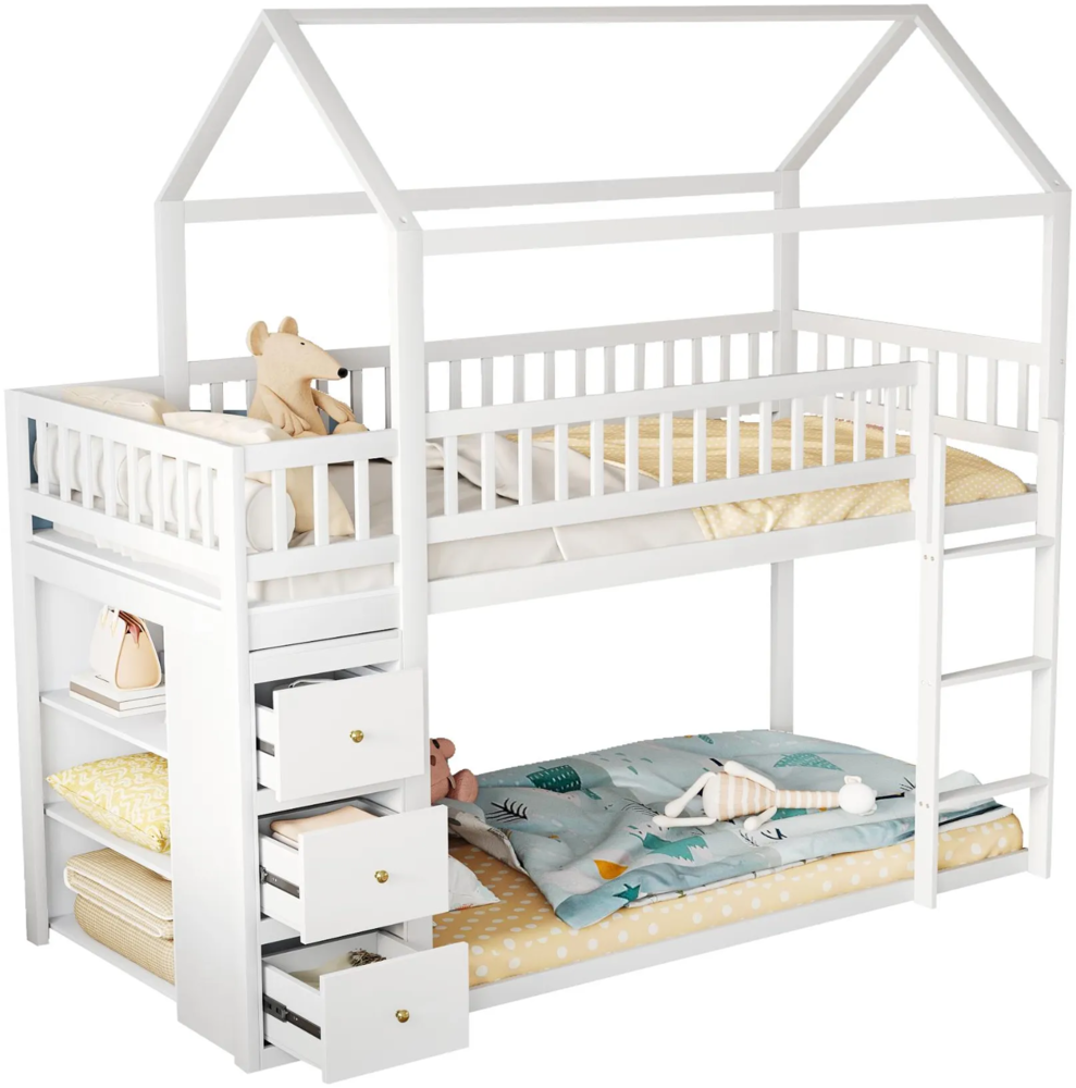 Etagenbett mit Lattenrost, Regal und Schubladen, 90x200 cm, Kinderbett mit Rausfallschutz, Hausbett, Jugendbett, Kiefer Bild 1