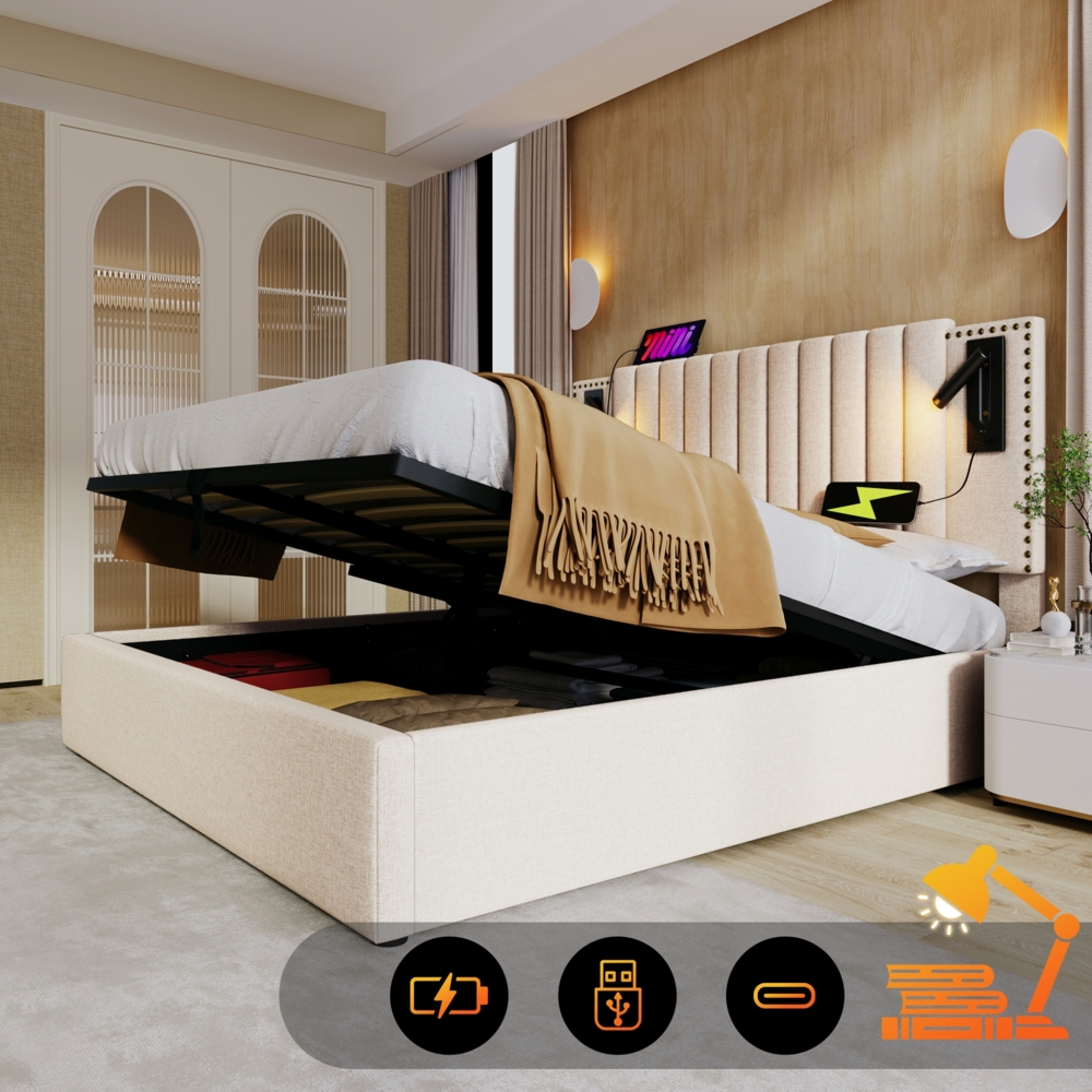 Polsterbett 180x200 cm Beige mit verstellbarem Kopfteil, USB Typ-C Ladeanschluss, Leselicht & großem Stauraum Bild 1