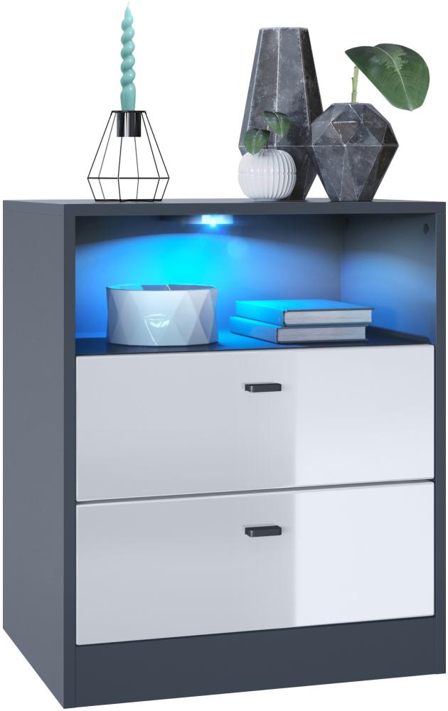 Vladon Kommode Pino V1, Nachttisch mit 2 Schubladen & 1 offenem Fach, Anthrazit matt/Weiß Hochglanz mit LED RGB (56 x 67,5 x 36 cm) Bild 1