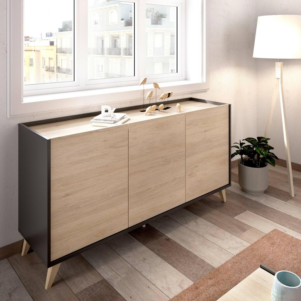 Dmora Avez Sideboard, Buffet, Moderne Anrichte für Wohnzimmer mit 3 Türen, 155 x 43 x 75 cm, Eiche und Anthrazit Bild 1