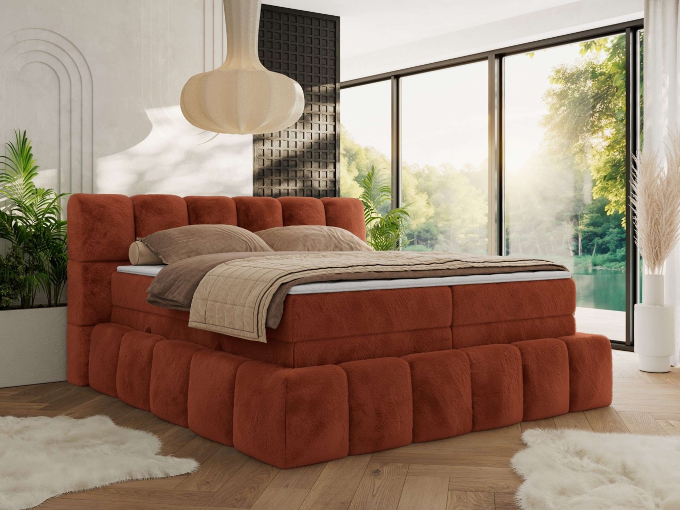 Boxspringbett NIRA KING, Doppelbett mit Fußteil, 7-Zonen Multipocket-Matratzen und Topper, Schlafzimmerbett - 120 x 200 cm - Orange Plüsch - H3 Bild 1