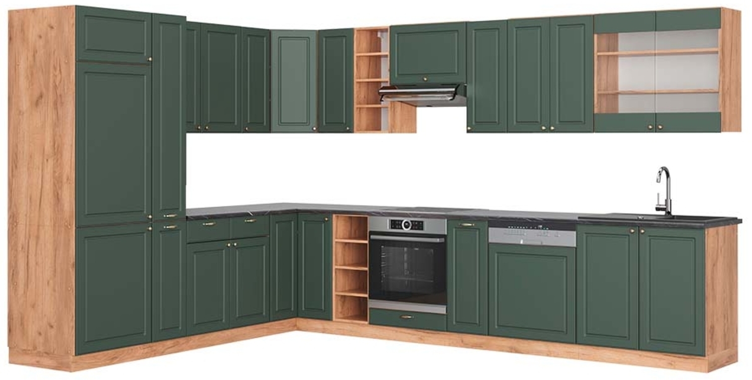 Eckküche Fame-Line Grün-Gold Landhaus/Goldkraft Eiche 347 x 60 cm , AP Anthrazit Vicco Bild 1