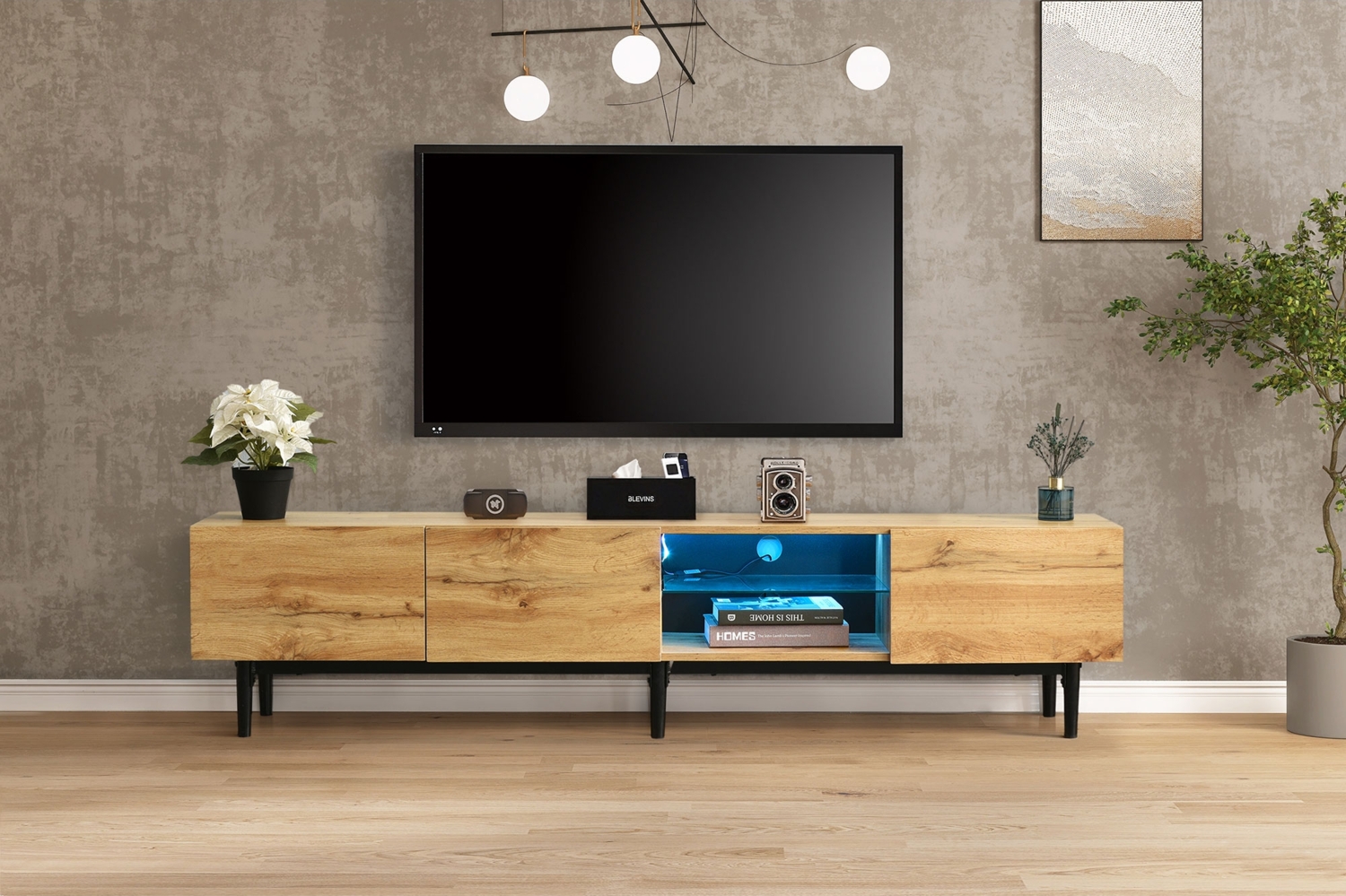 Moderner TV-Schrank aus MDF mit Holzmaserung, 175 x 31 x 41 cm, variable LED-Leuchten in 7 Farben, 175x31x41cm, Helle Eiche Bild 1