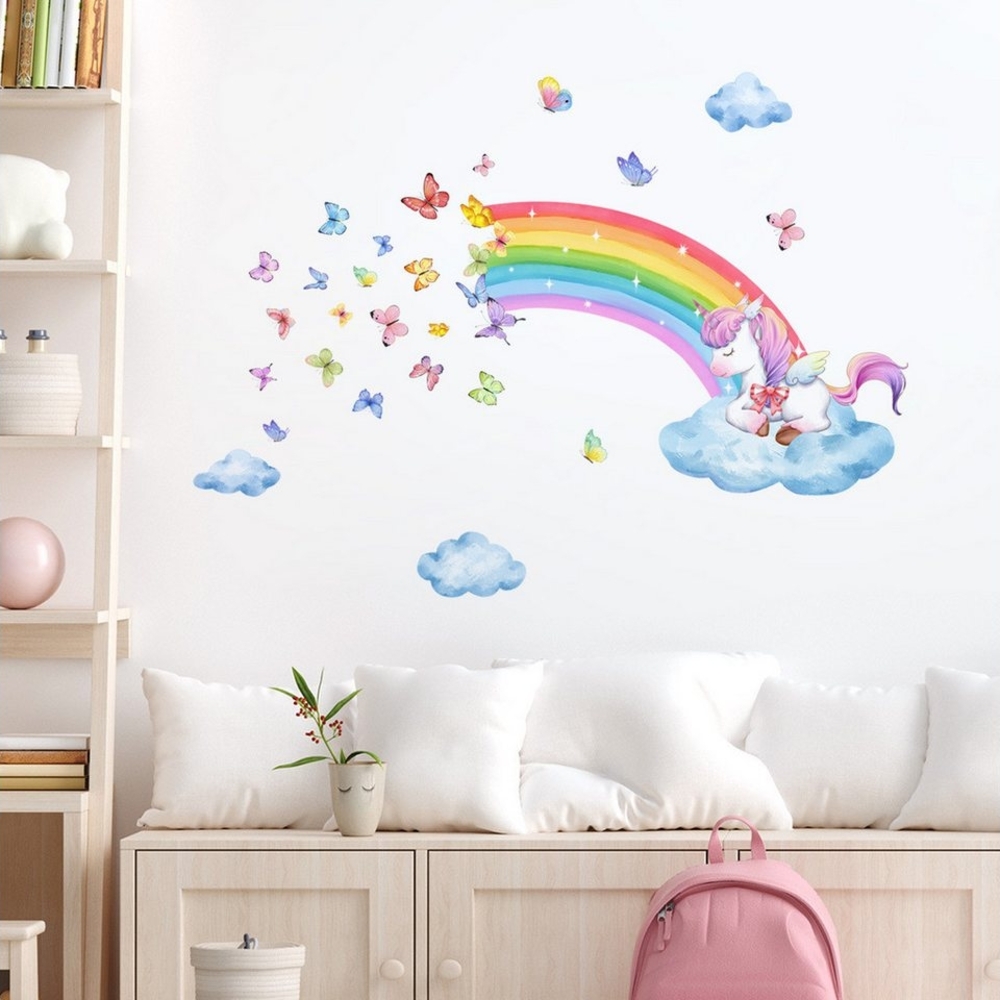 ZEUOPQ Wandtattoo Wandaufkleber Einhorn Regenbogen Schmetterling Selbstklebend Schmücken (Selbstklebende, wiederverwendbare Regenbogen-Wandaufkleber, Farbintensiv,rückstandsfrei entfernbar, ideal für alle glatten Flächen), Künstler: Magisches, farbenfr... Bild 1