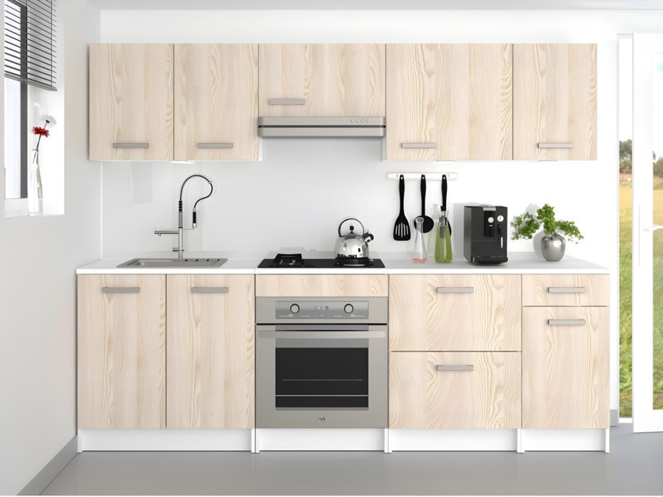 Vente-unique - Küchenzeile - mit Arbeitsplatte 240 cm - Naturfarben hell & Weiß - TRATTORIA Bild 1