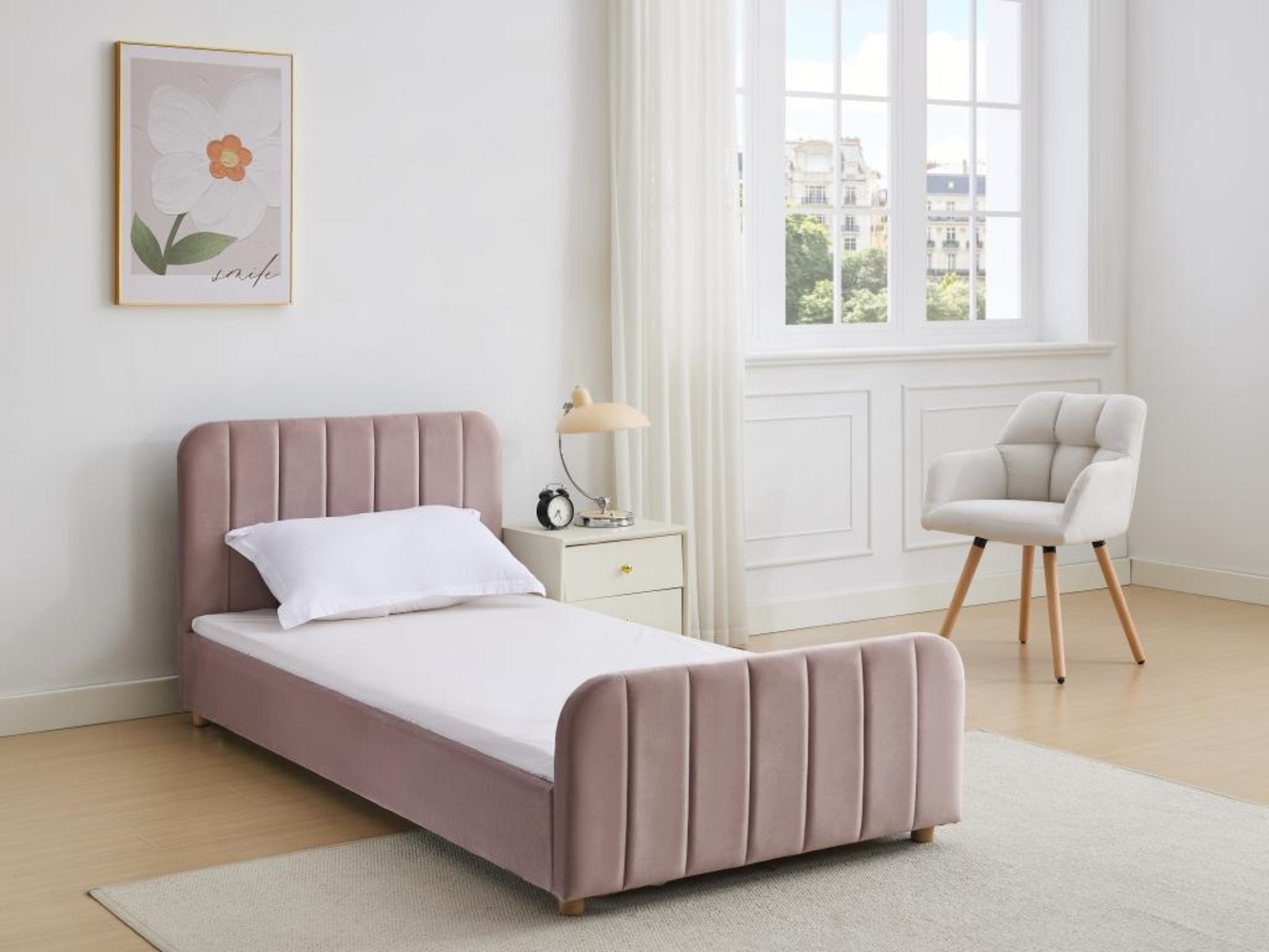 Vente-unique - Bett mit vertikalen Ziernähten - 90 x 190 cm - Samt - Rosa - ROGADI Bild 1