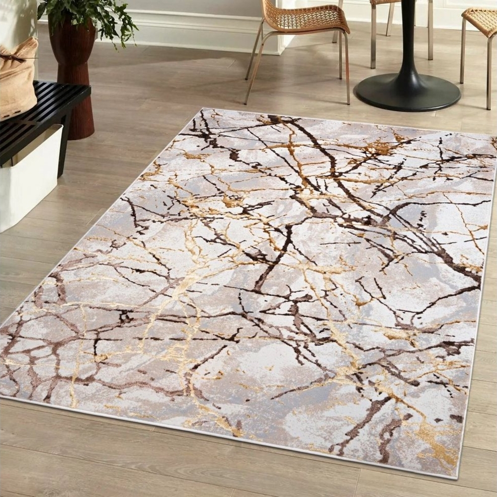 Mazovia Designteppich Modern Teppich für Wohnzimmer - Beige Creme mit Gold, 80 x 150 cm Bild 1