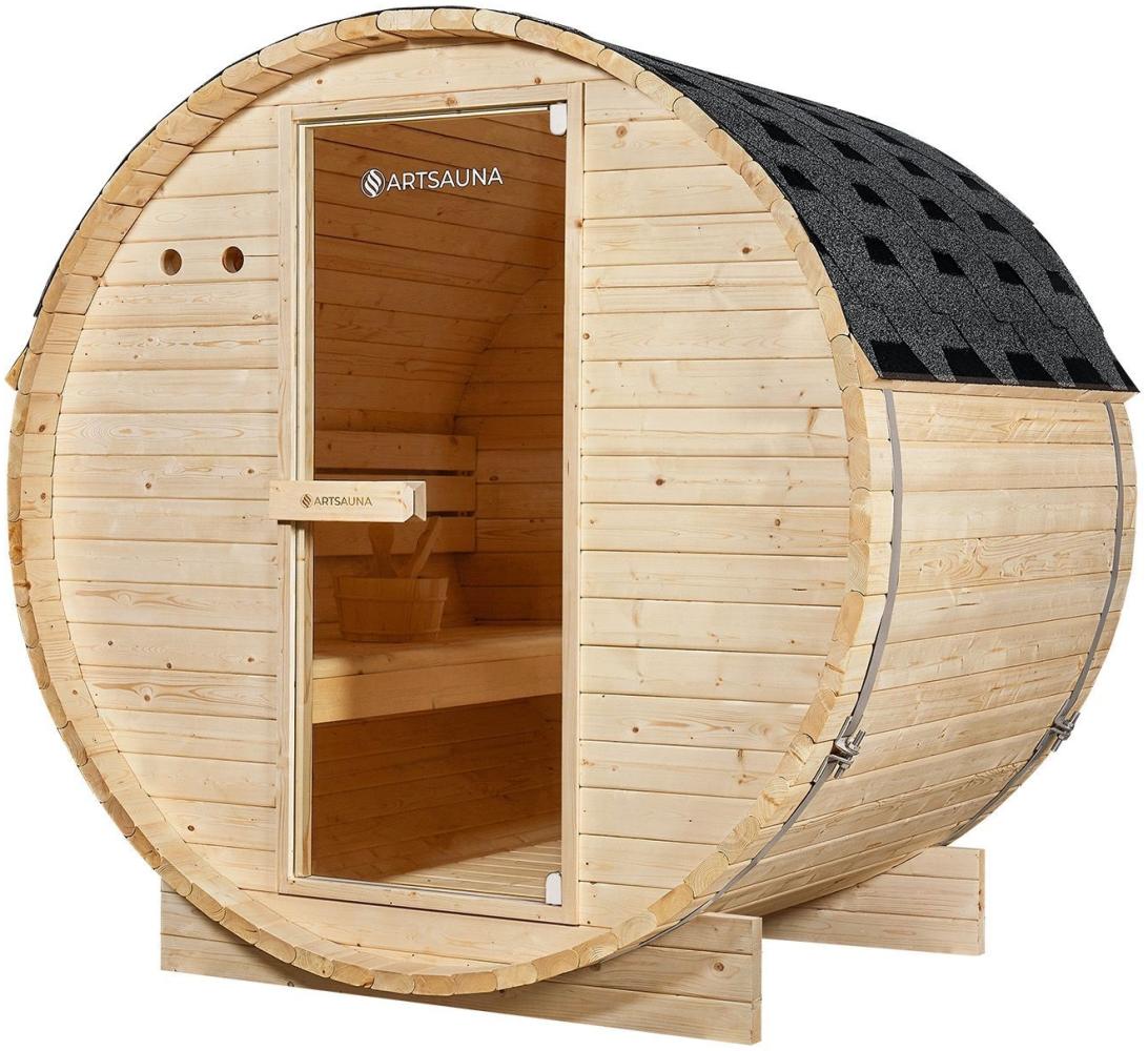 Artsauna Outdoor Fasssauna Spitzbergen 120 für 2 Personen - 3,6 kW Ofen, Saunasteine & Zubehör - Saunafass aus Fichtenholz - Außensauna Gartensauna Bild 1