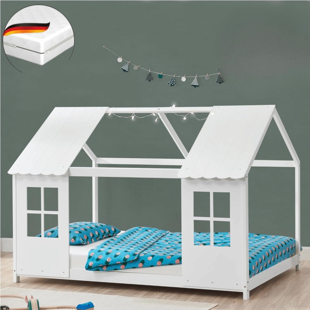 DELUKE® Kinderbett 90x200 GELO - mit Matratze Lattenrost Rausfallschutz Haus-OptikEinzelbett aus Holz Hausbett Kinderzimmer Montessori Bett Weiß Bild 1