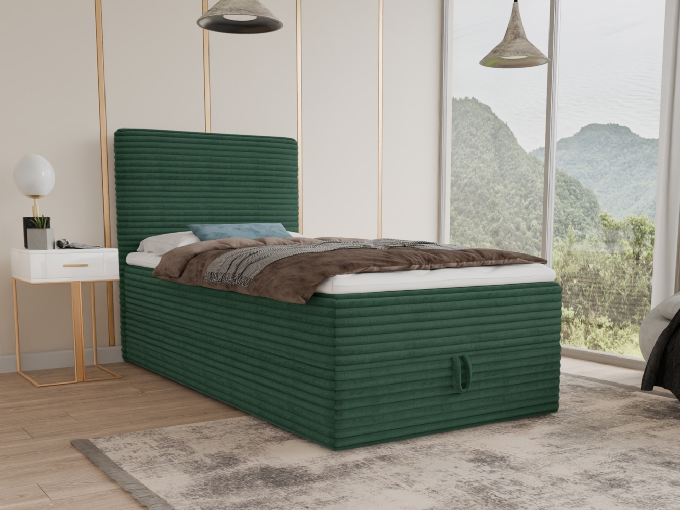 Boxspringbett Mollo Mini mit Bettkasten und Matratzentopper - Einzelbett mit Bonell-Matratze und Topper, Polsterbett in weichem Cordstoff, Bett, Schlafzimmer (Grün (Tilia 39), 100 x 200 cm) Bild 1