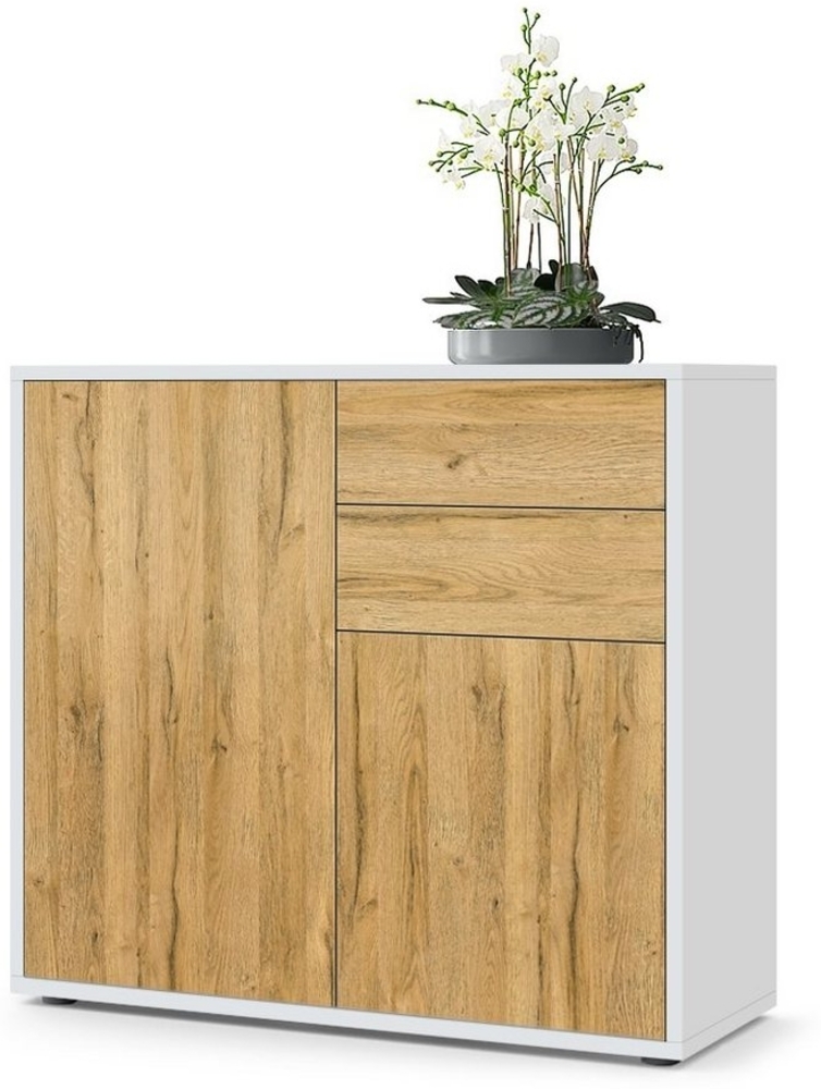 Vladon Sideboard Ben, Kommode mit 2 Türen und 2 Schubladen, Weiß matt/Eiche Natur (79 x 74 x 36 cm) Bild 1