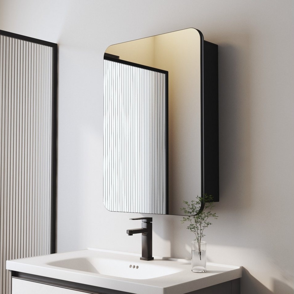 WDWRITTI Spiegelschrank Schwarz Alu Badezimmerspiegelschrank mit Ablage 50x70cm 40x60cm (Hängeschrank Badschrank Rechteckig, mit Doppelseitiger HD Spiegel) Softclose-Scharnieren, vormontiert geliefert Bild 1