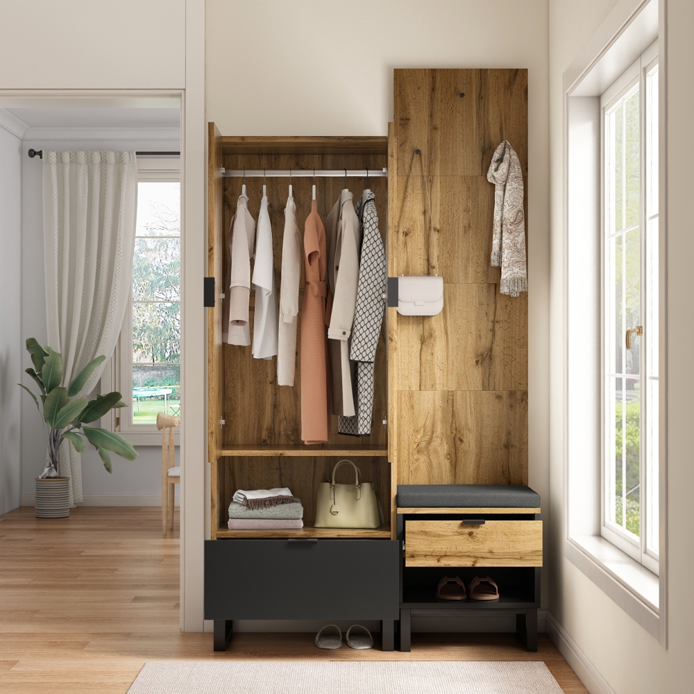 Garderobenset mit Schuhbank 2-türiger Kleiderschrank mit Schubladen und Haken Flurmöbel Holz Schwarz Grau Eingangsbereich Möbel Bild 1