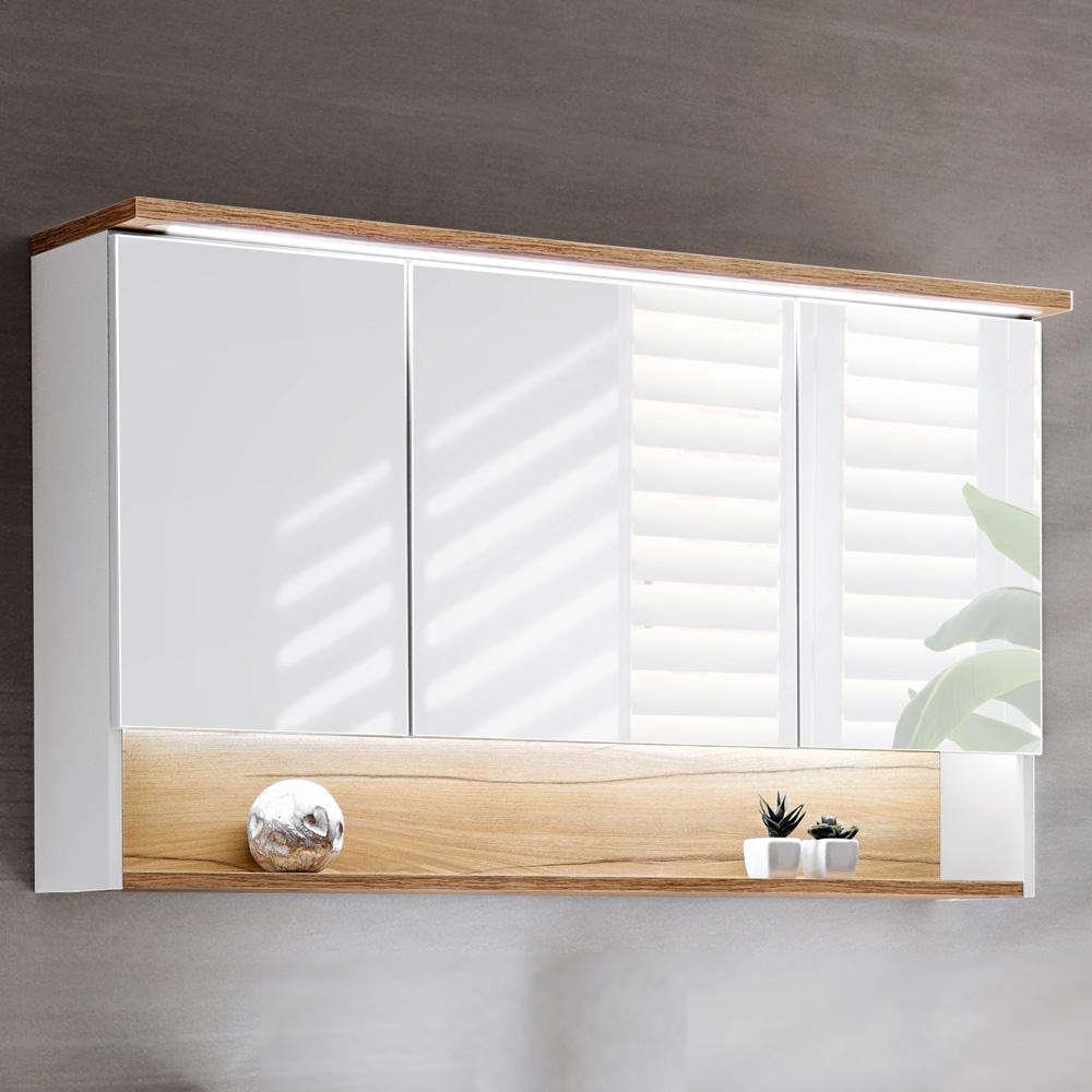 Badezimmer 120cm LED-Spiegelschrank BERMUDA-56 in weiß mit WotaneicheB/H/T 120/69/25cm Bild 1