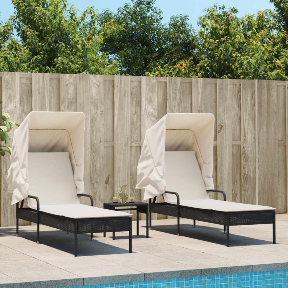 vidaXL Sonnenliegen 2 Stk. mit Dach und Tisch Schwarz Poly-Rattan 3261569 Bild 1