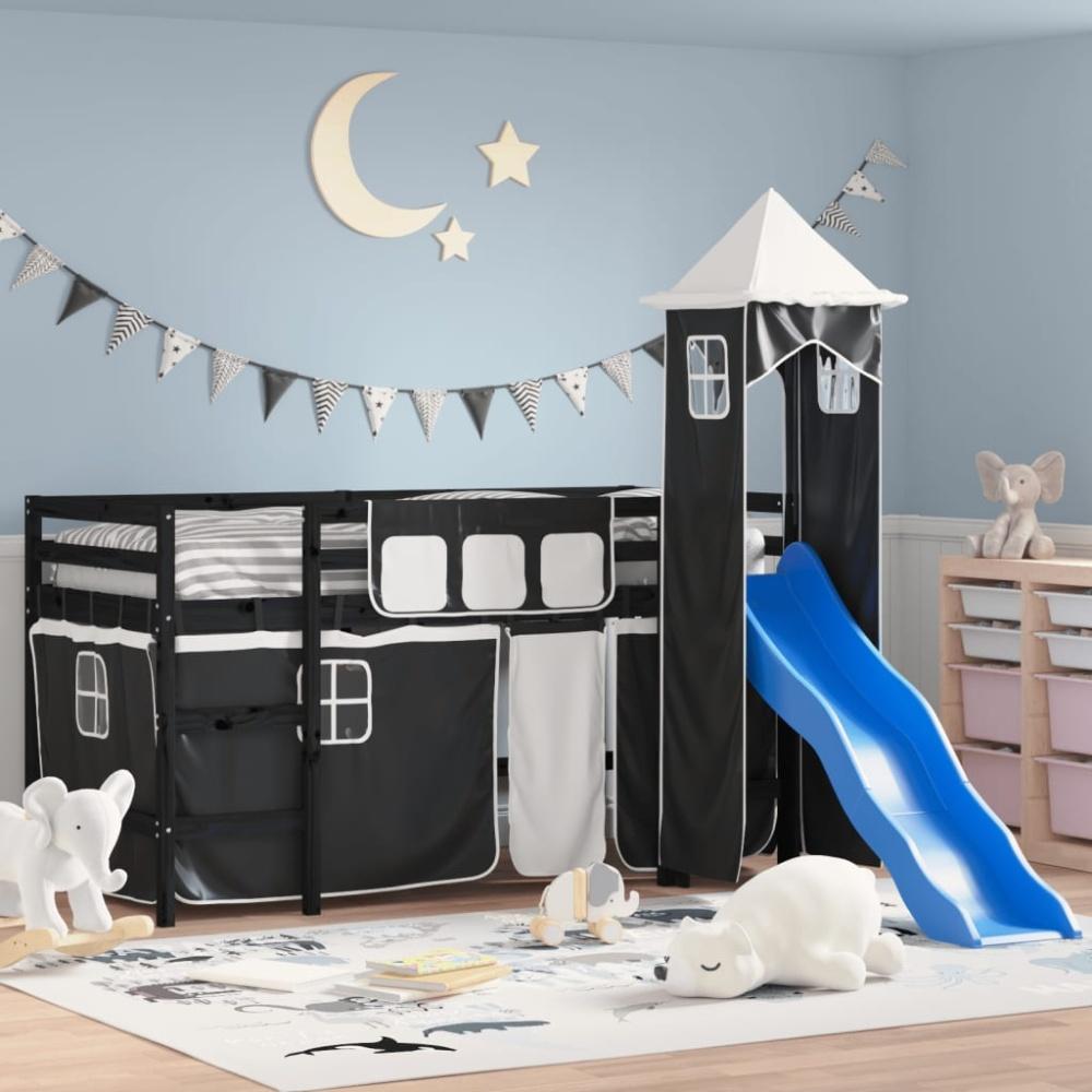 vidaXL Kinderhochbett mit Turm Weiß & Schwarz 90x190 cm Kiefernholz 3207087 Bild 1