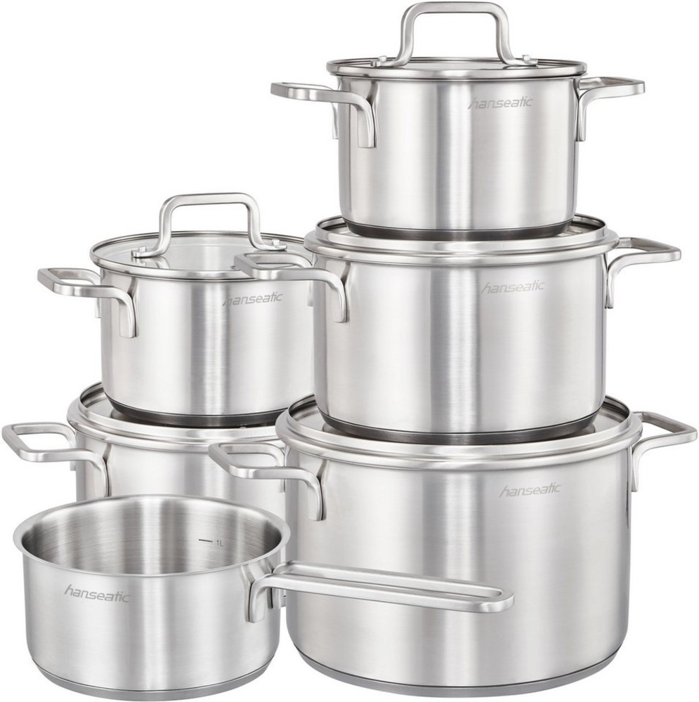 Hanseatic Topf-Set DAILY, Edelstahl 18/10 (Set, 11-tlg, Fleischtopf 2x 16 cm / 2x 20 cm / 1x 24 cm, Stielkasserolle 16 cm), handfreundliche Griffe, Literskala, Glasdeckel, Induktion Bild 1