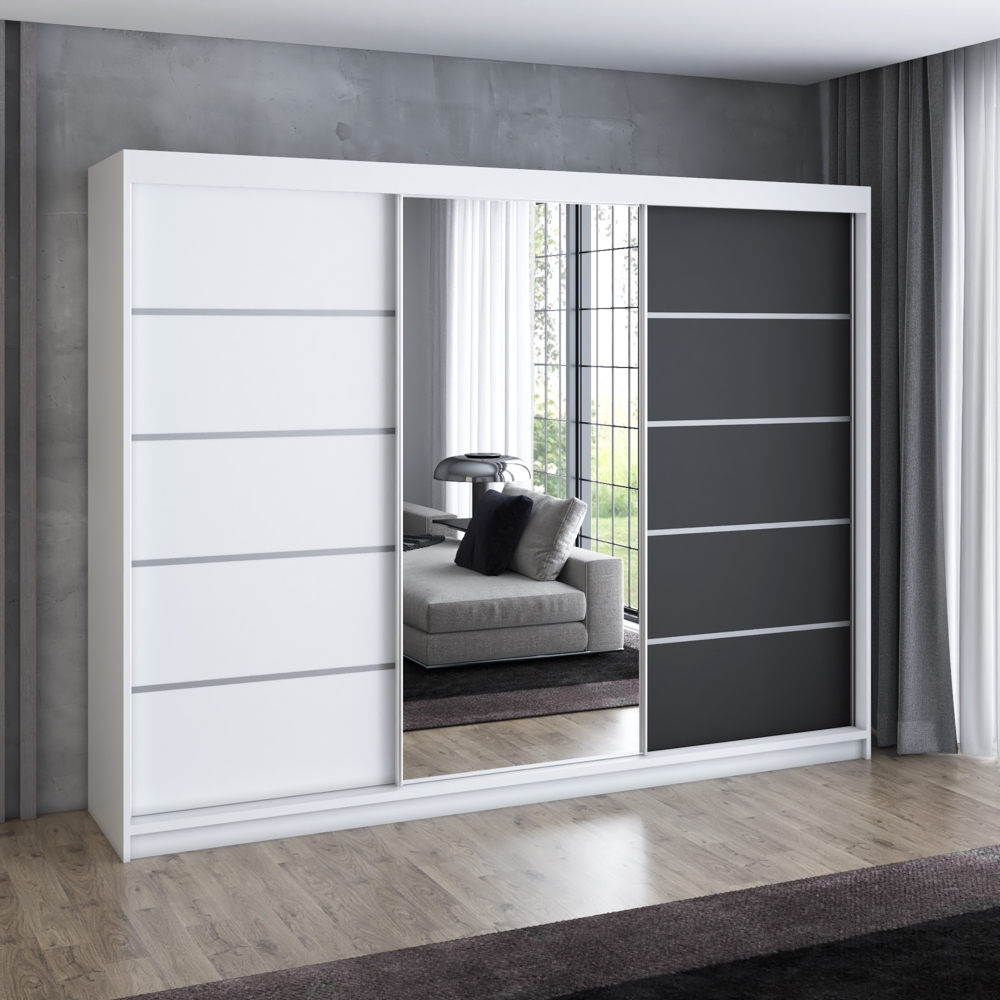 Schwebetürenschrank, 3-türig Schrank 200 cm mit 4 Schubladen, und Spiegel Kleiderschrank VILANO 1. Farbe: Weiß, schwarz Bild 1