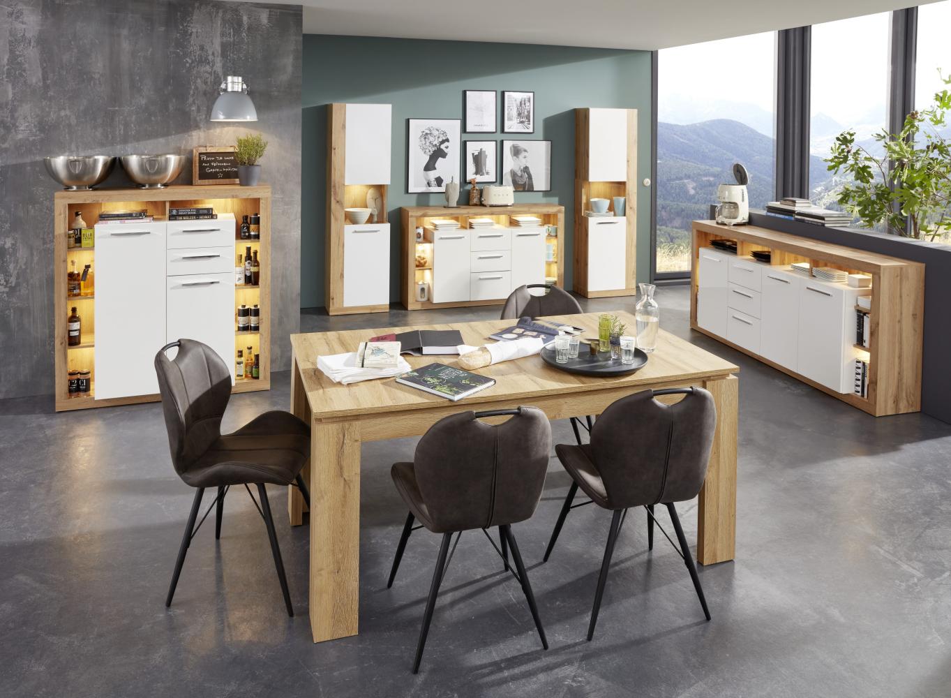 trendteam smart living Wohnzimmer Vitrine Schrank Wohnzimmerschrank Rock, 52 x 186 x 34 cm in Korpus Wotan Eiche Dekor, Front Weiß Hochglanz, Absetzung Wotan Eiche Dekor mit viel Stauraum Bild 1