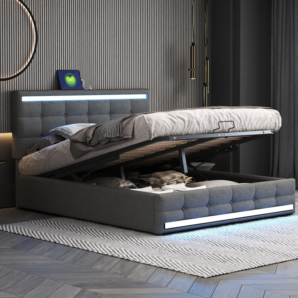 Merax Polsterbett 140*200 Gepolstertes LED-Bettgestell mit 2 USB-Ladestationen, Bettgestell Kopfteil höhenverstellbar, Leinen Grau Bild 1
